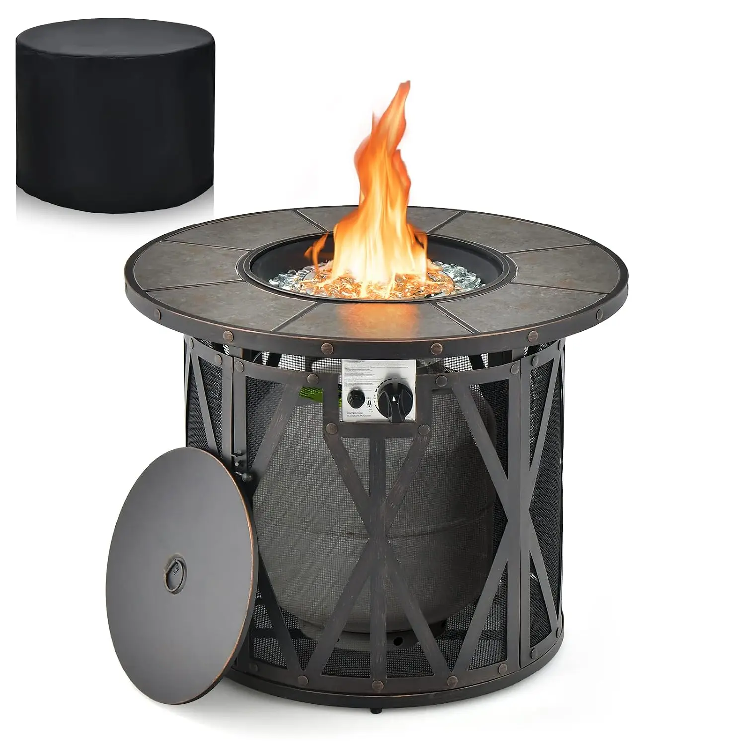 Round Propane Gas Fire Pit Table 32000 BTU Ceramic Tile Top with Fire Glass & PVC Cover for Backyard Poolside Patio, Customized