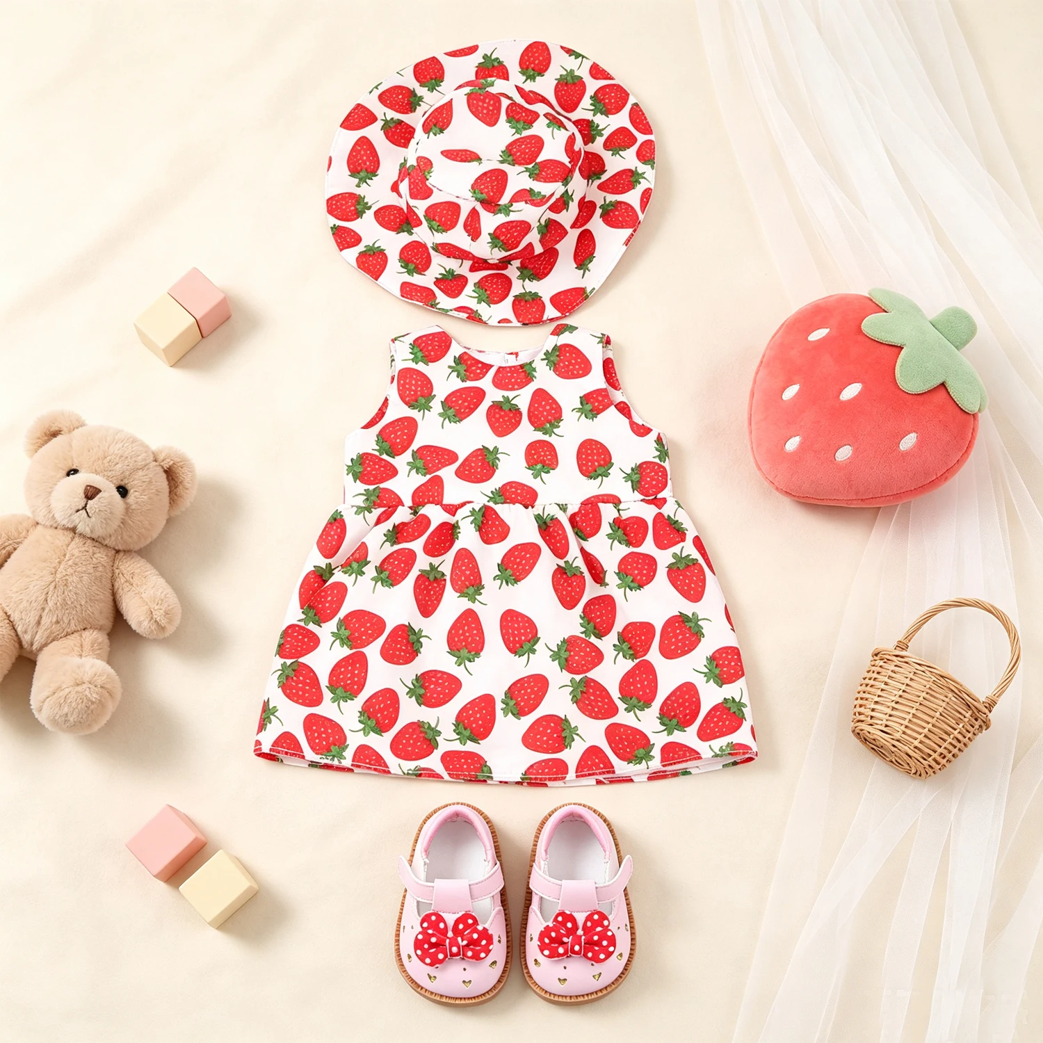 Strawberry Print Sleeveless Doll Dress Set + Hat Pink Bow Shoes Fashion Accessories for 18" American & OG Girl Dolls Toy Gift