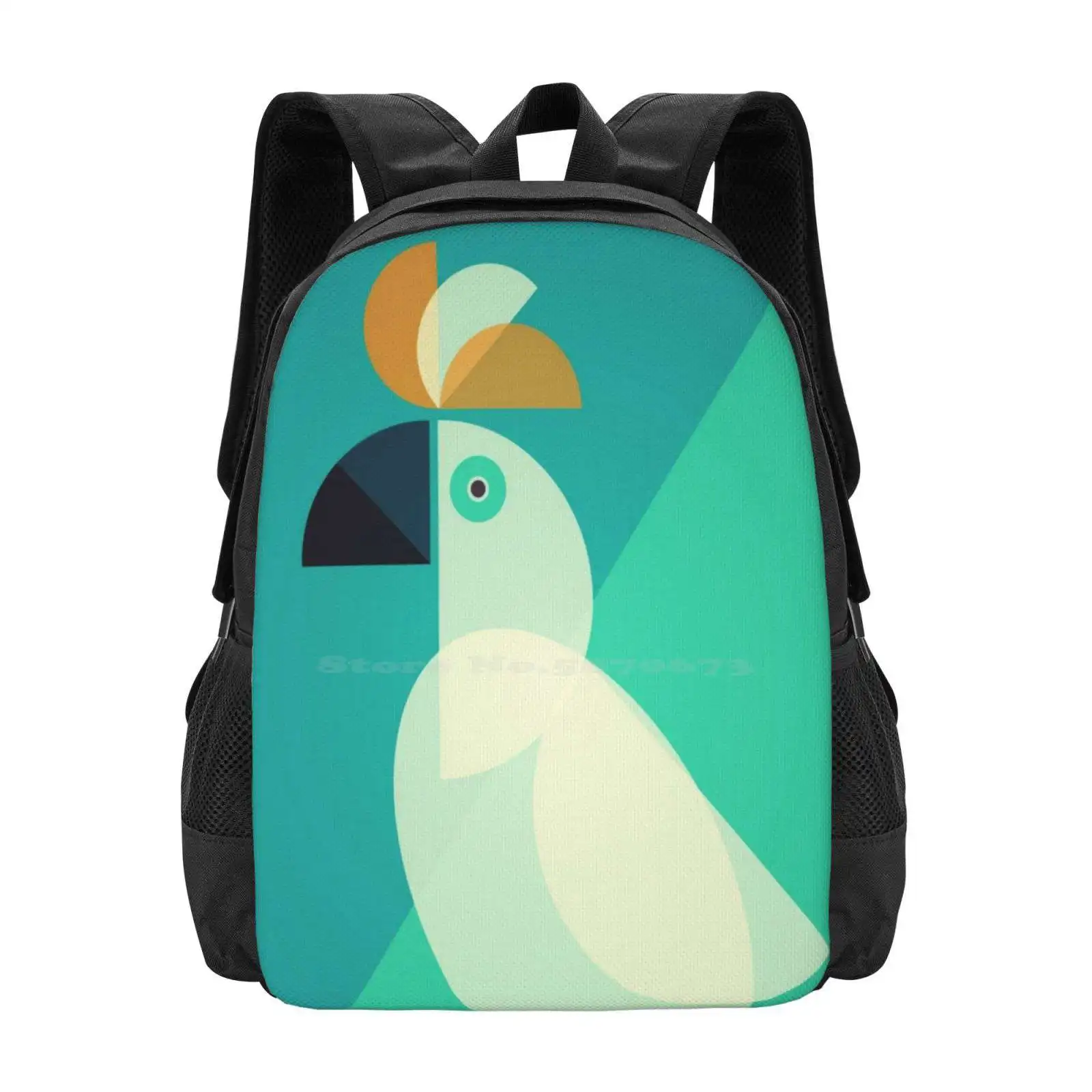 Mid Century Cockatoo Hot Sale Backpack Fashion Bags Mid Century Cockatoo Exotic Bird Geometric Shapes Blue Green