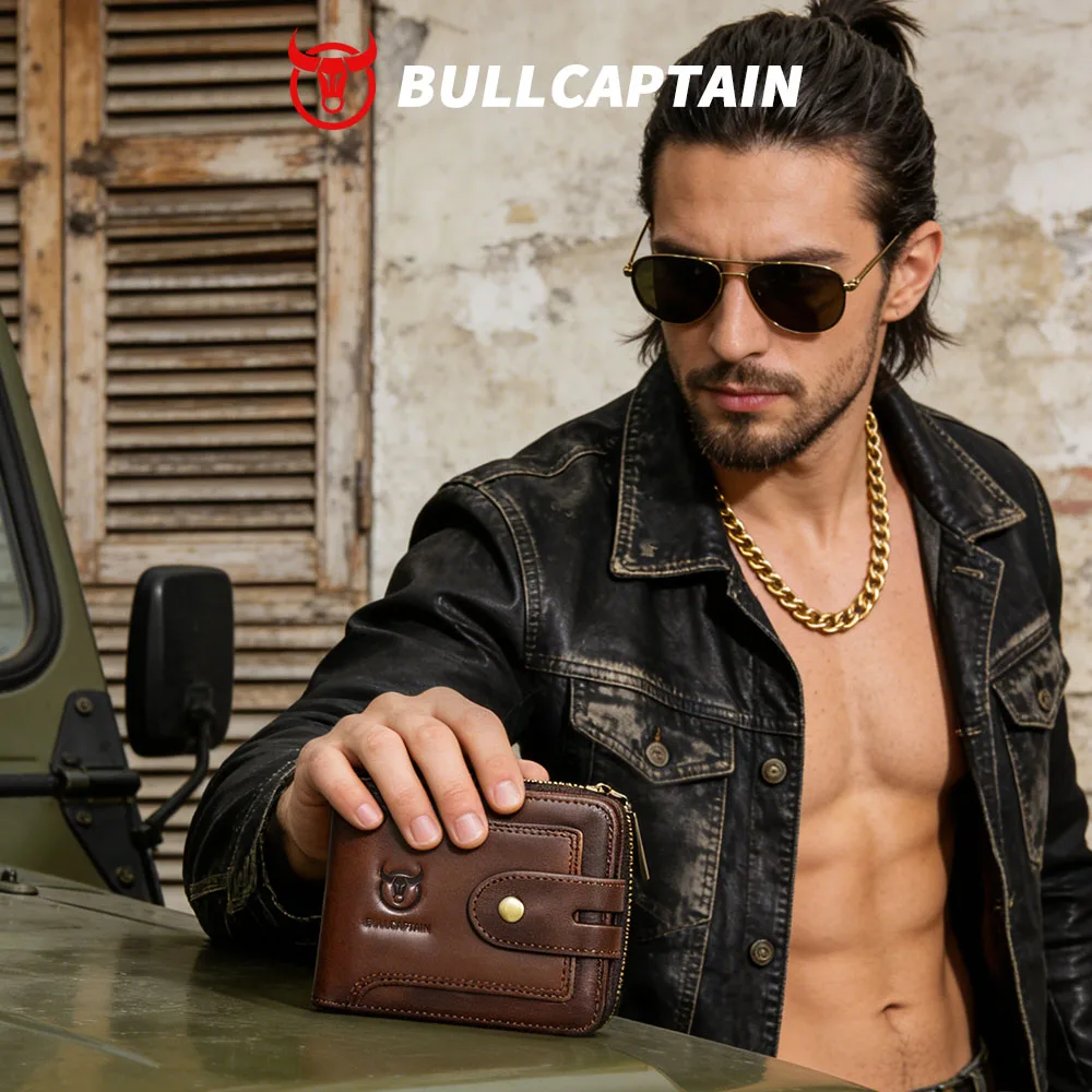 Bullcaptain Genuine Leather Wallet for Men RFID Blocking Bifold Brown Card Holder with Coin Pocket Large Capacity Male Purse