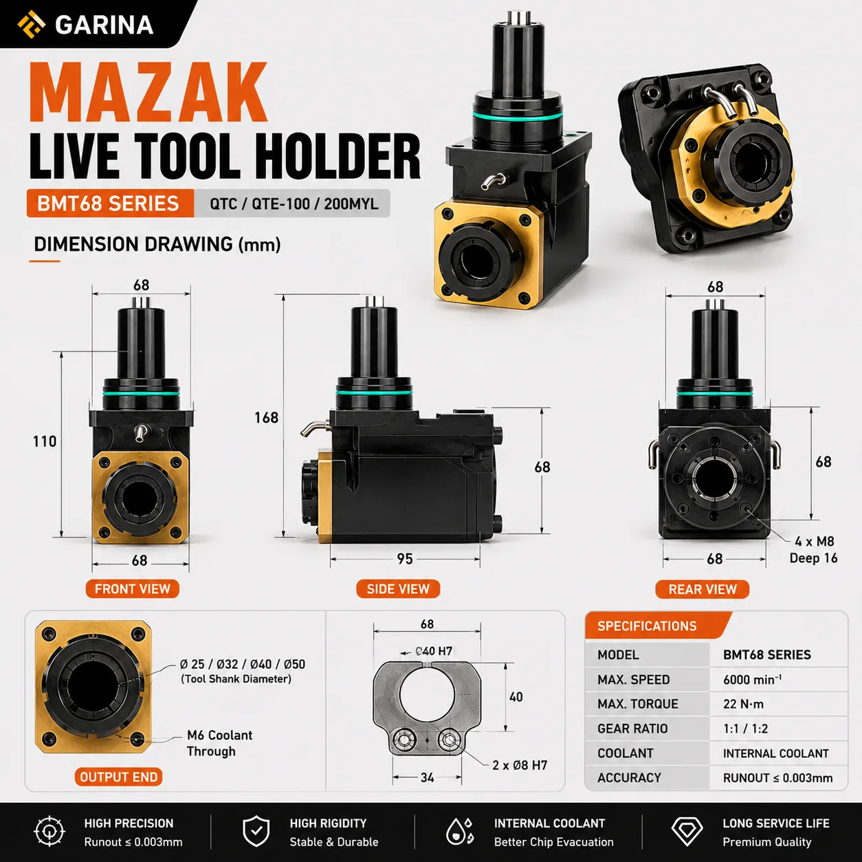 Mazak BMT Live Tool Holder CNC Lathe Power Tool Holder Radial Axial Driven Tool Holder for Turning Milling Machine