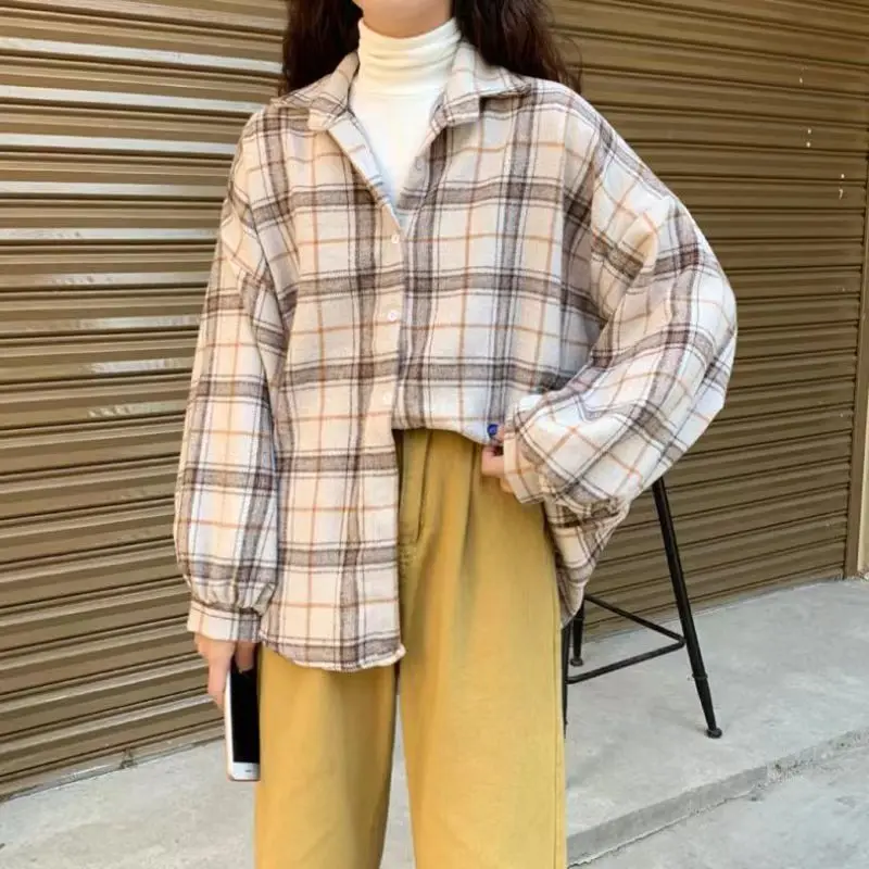 Vintage Plaid Shirts Women Autumn Winter Thicken Long Sleeve Button Casual Tops Harajuku Oversize Korean All Match Preppy Blouse