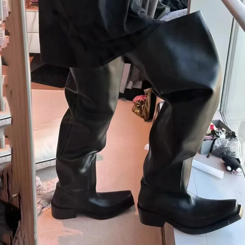 

Кожаные ботинки с перевернутой толстой подошвой, женские черные рыцарские ботинки, женские ботинки челси с квадратным носком в британском стиле, мужские женские модели 36-45