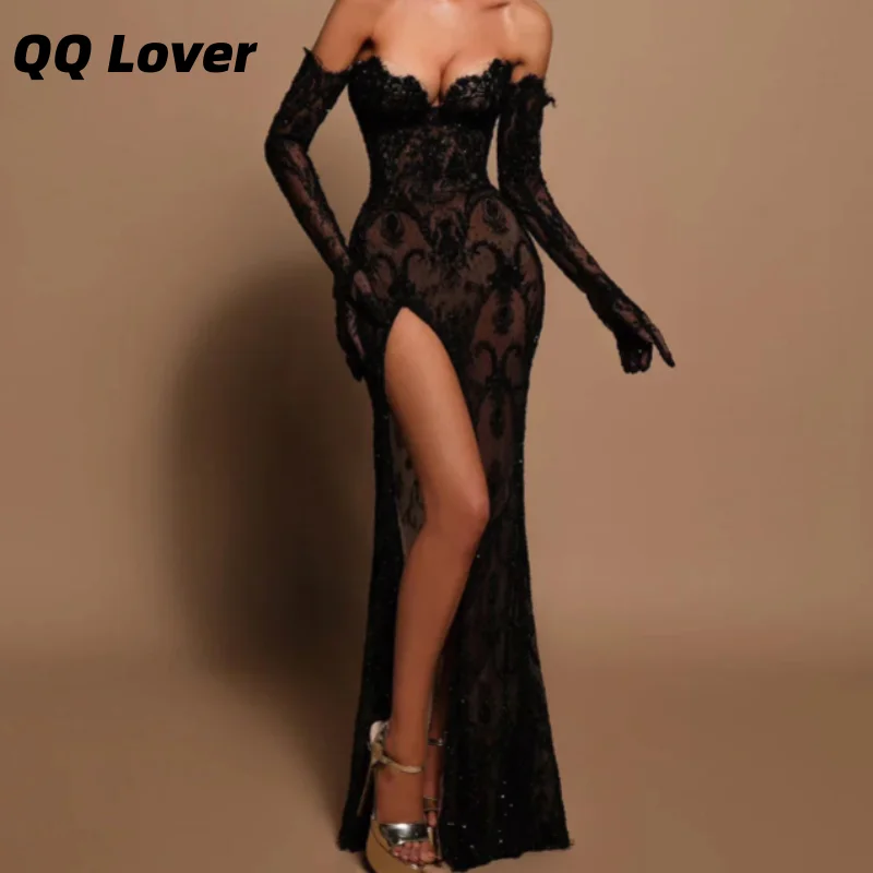 

Customized Sexy Black Lace Mermaid Prom Dress Strapless High Side Slit Illusion Evening Dress Floor Length Party Gown