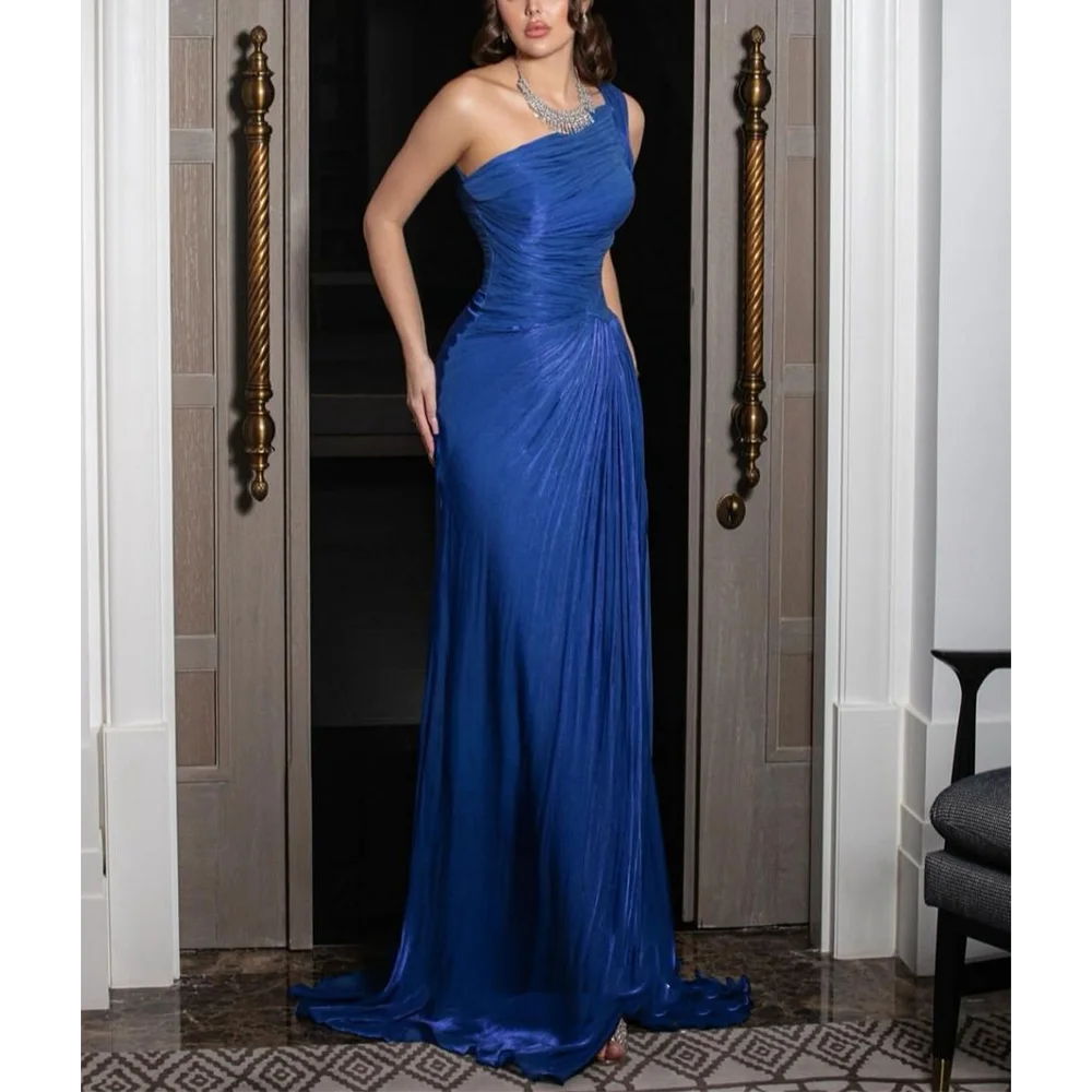 

Dark Blue Evening Dresses One Shoulder Pleats Sexy Side Slit Sleeveless Mermaid Party Gown Bridal Shower Robes De Soirée