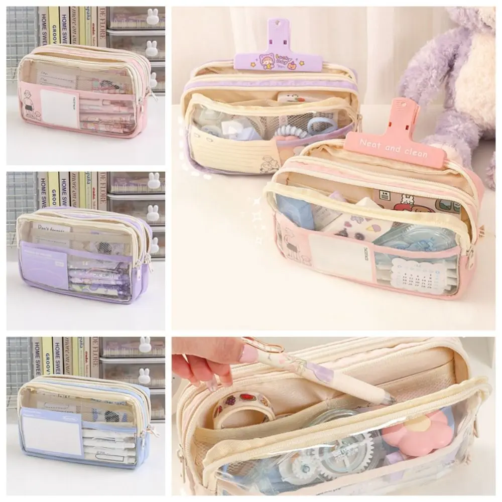 

Large Capacity Desktop Storage Pouch Korean Style Transparent Pencil Holder Multi-layer Waterproof Pencil Pouch Office Supplies