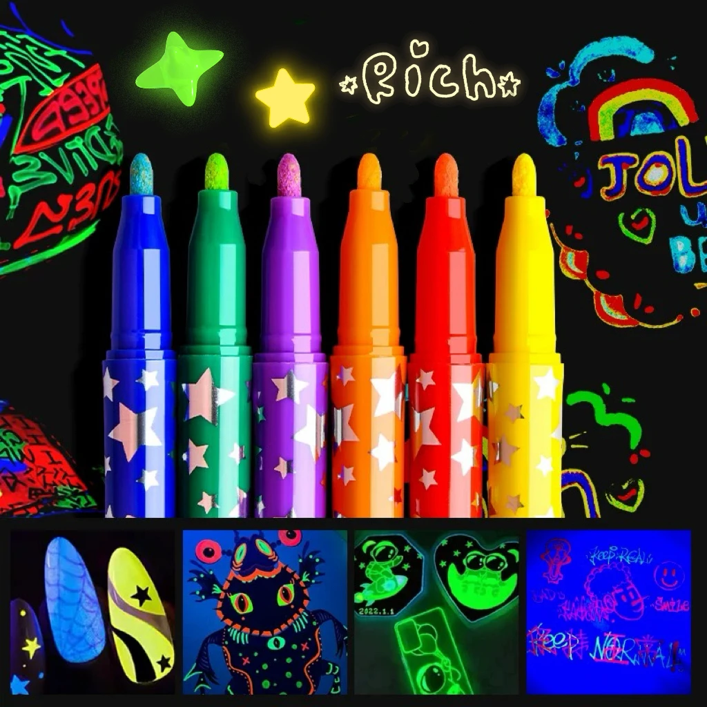 

6-Piece Set of Colorful Night-Glow Highlighter Pens, Illuminate Your Dark Creations!