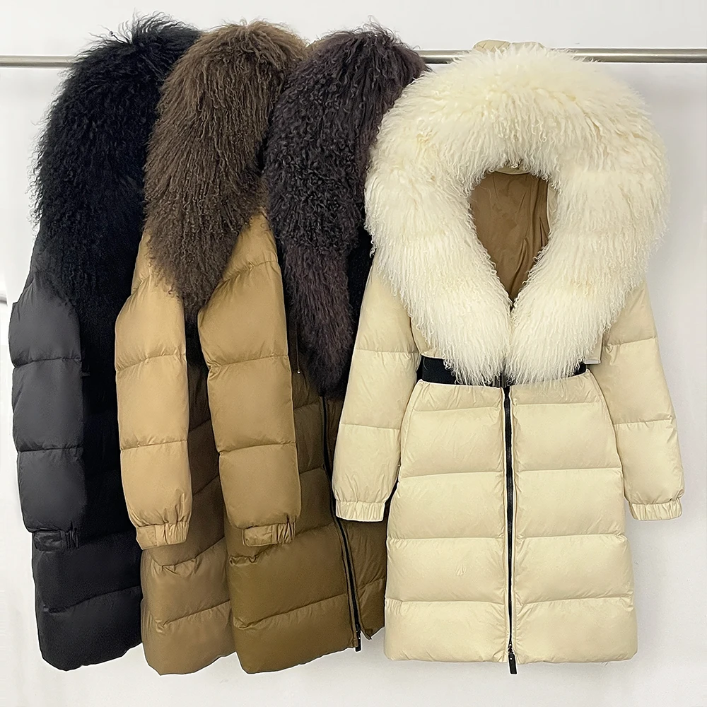 

OFTBUY Long Puffer Jacket Female Warm Clothes Women's Down Jacket with Hood Women Down Coat with Real Mongolia Sheep Fur Collar