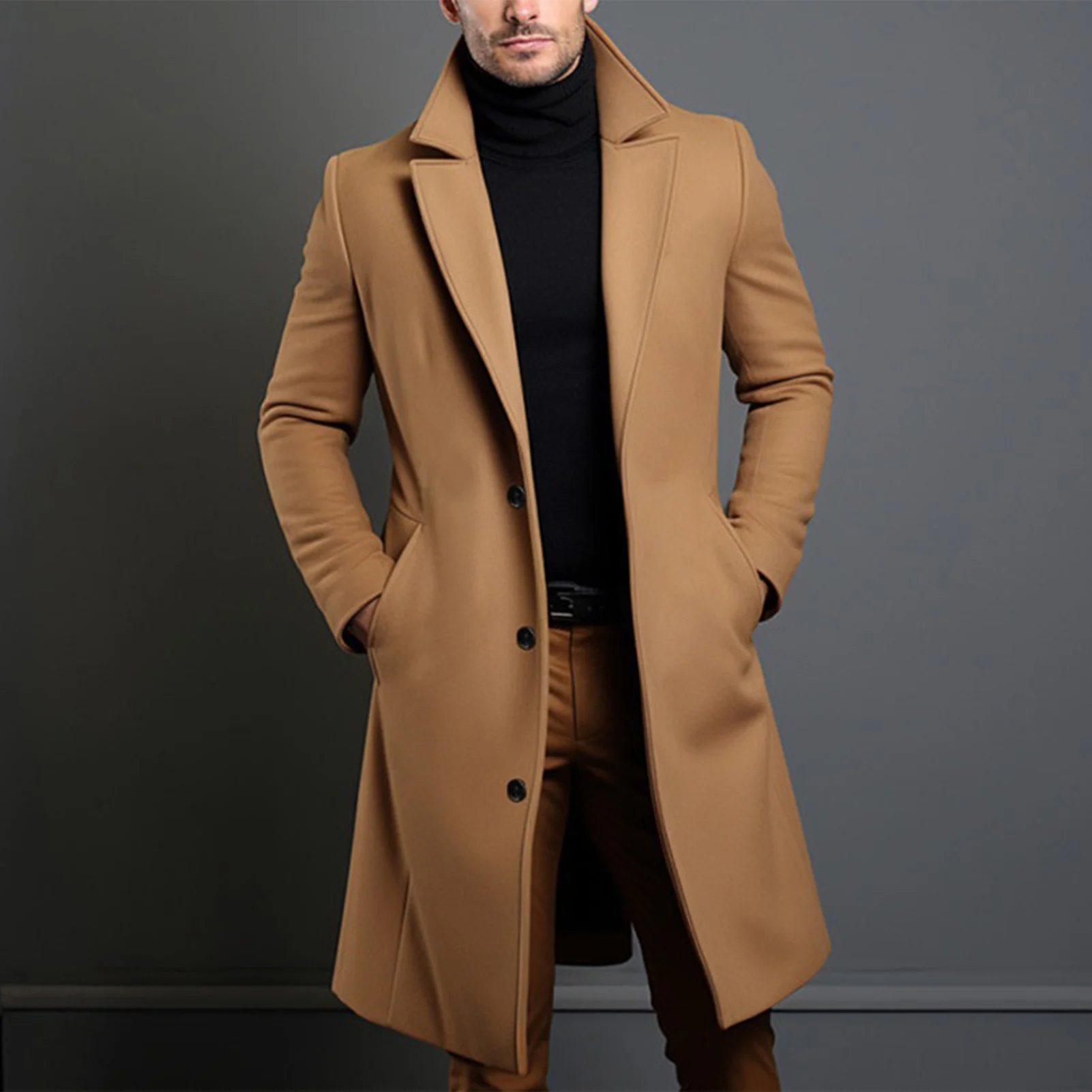 

Men Elegant Long Trench Overcoat Single-breasted Windproof Trench Coat for Jeans Sweater Boots Matching