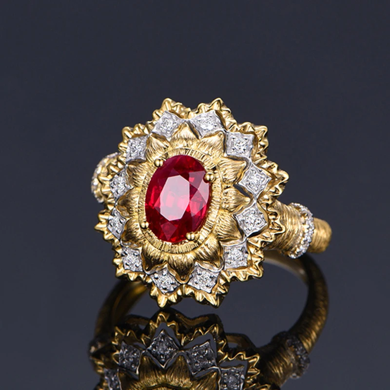 Foydjew Italian Retro Middle Ages Banquet Jewelry Simulation Pigeon Blood Ruby Rings Handmade Wire Drawing Golden Ring for Womem