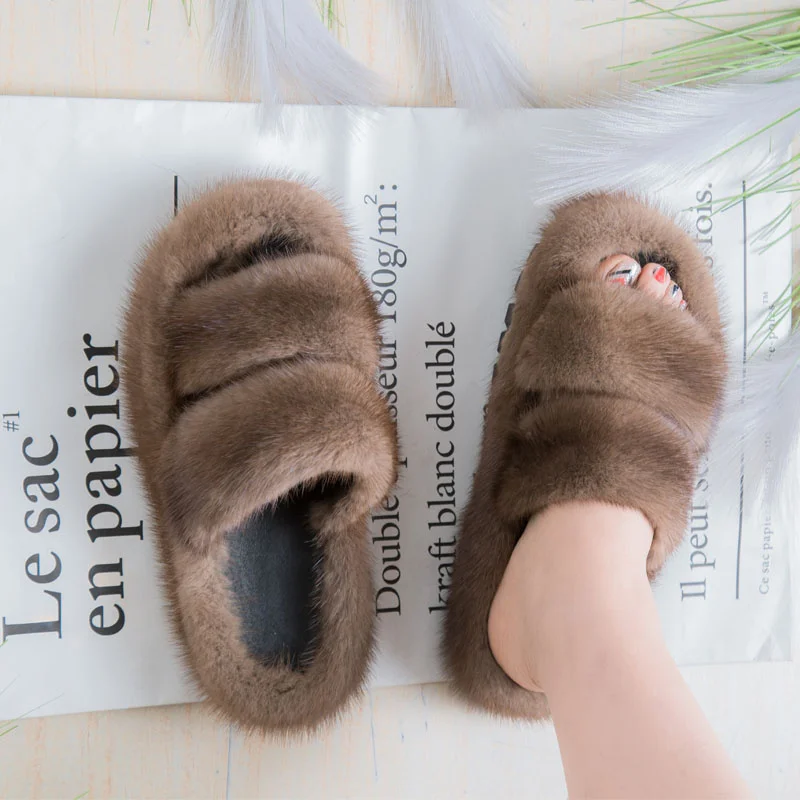 Summer Fur Slippers High Quropean Luxury Resory Fashion 100% Mink Leather Slippers Ladies Fur Shoes Flat Slippers