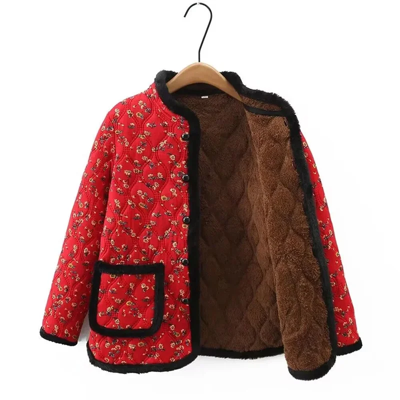 Mother Winter Cotton-padded Jacket And Velvet Cotton-padded New Fashion Floral Coat Thickened Warm Loose Cotton-padded Jacket