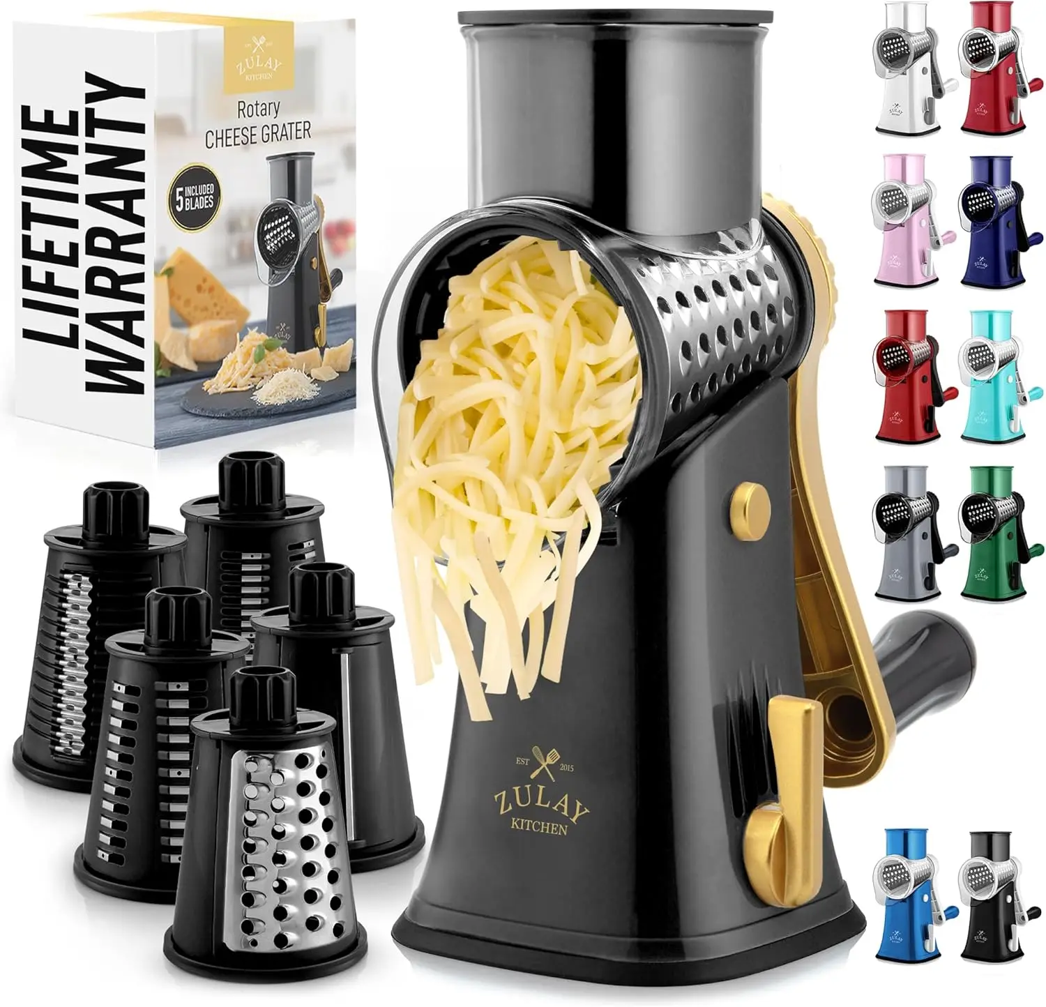 Cheese Grater 5 Blade Cheese Shredder - Manual Hand Crank Cheese Grater With Reinforced Suction & 5 Interchangeable Drums