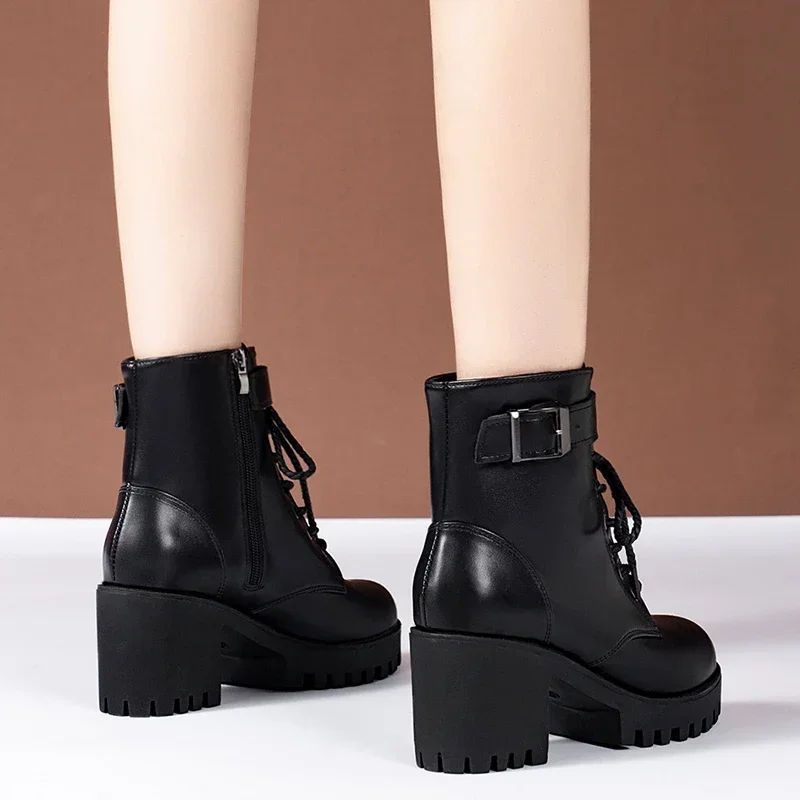 Thick Heel Ankle Boots for Women 2024 New Black Leather PU High Heels Shoes Woman Autumn Winter Platform Motorcycle Boots Women