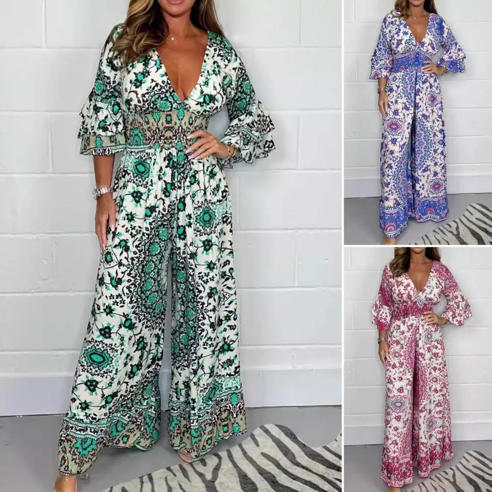 

Formal Occasion Jumpsuit Bohemian Ethnic Print Women's Wide Leg Jumpsuit with Ruffle Patchwork V Neck Plus Size Mid Sleeve High