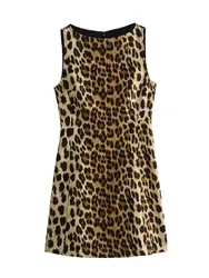 XNWMNZ 2024 Women Fashion Animal Print Dress Women High Street O Neck Sleeveless Back Zip Female Mini Dresses