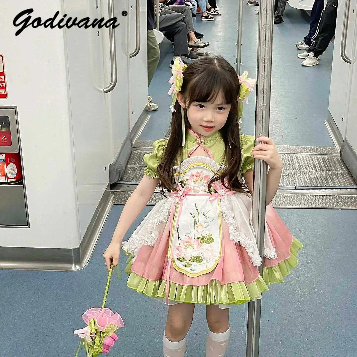 Sweet Baby Girls Lotus Fairy Lolita Hanfu Princess Dress Kids Chinese New Summer Elegant Embroidery Puff Sleeve Lace Trim Dress