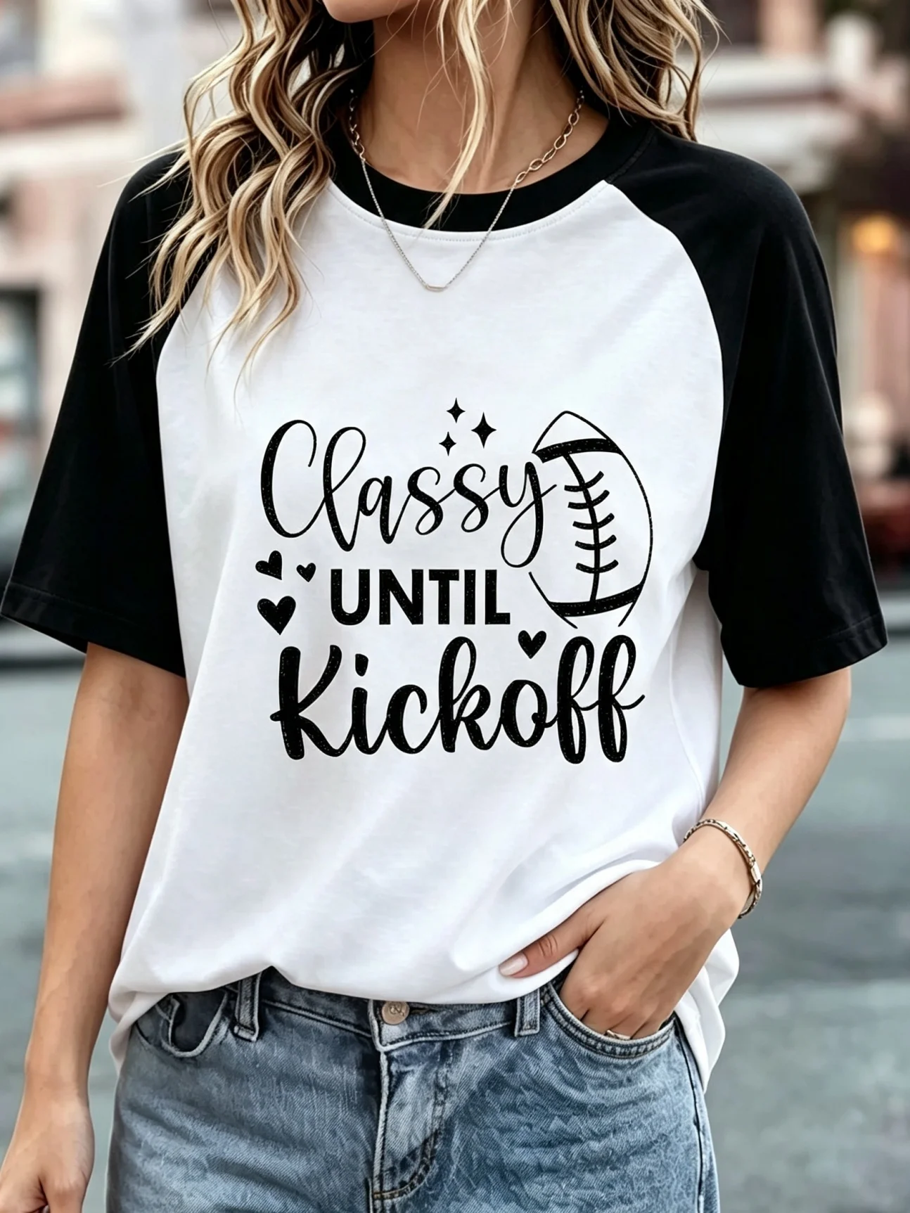Classy Until Kickoff Letter Print Raglan T Shirts, Women Football Heart Star Graphic Color Block Contrast Short Sleeve Casual Game Day Tee