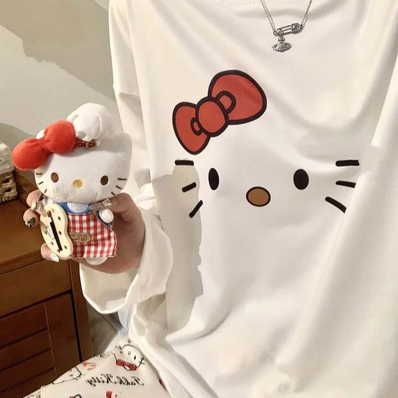 かわいいハローキティ女性パジャマセット春秋アニメ長袖パンツツーピースセット女の子ホームウェアカジュアルルーズラウンジウェア