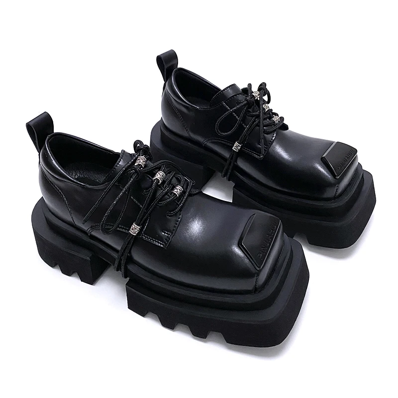 

New Original Fashion Lace-up Square Head Derby Leather Shoes Women British Style Heightening Thick Bottom Youth Female Shoes