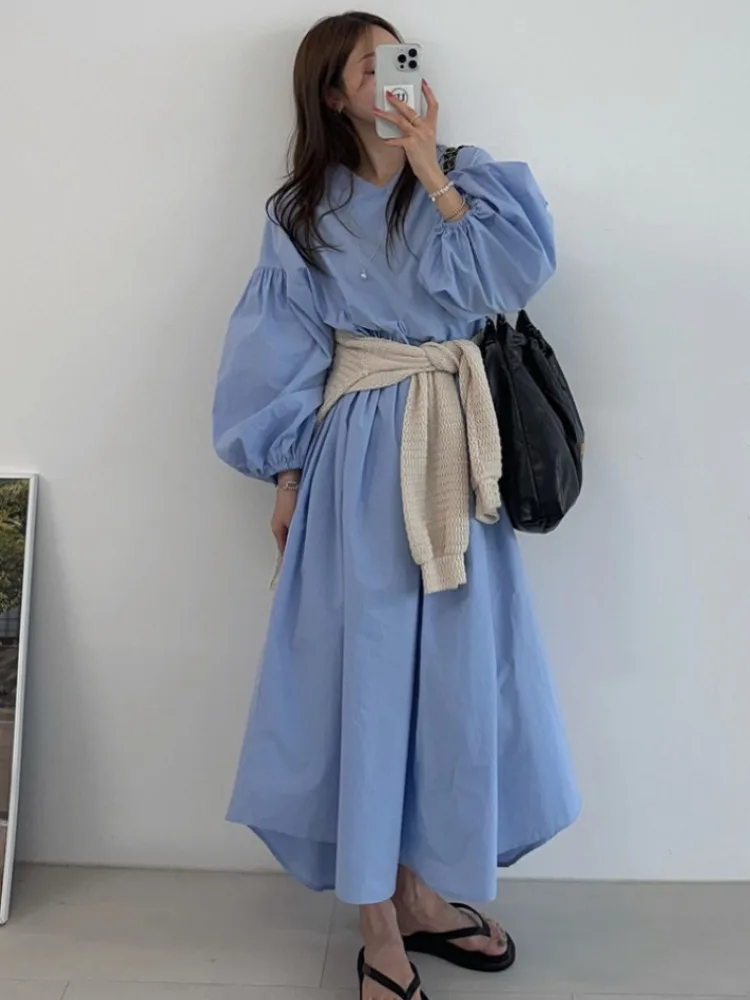 Laid-ba Sle Loose Long Dr Damen Chic Frühherbst Lantern Sve Faion A-Linien-Rock Neun-Punkt-Swe-Länge