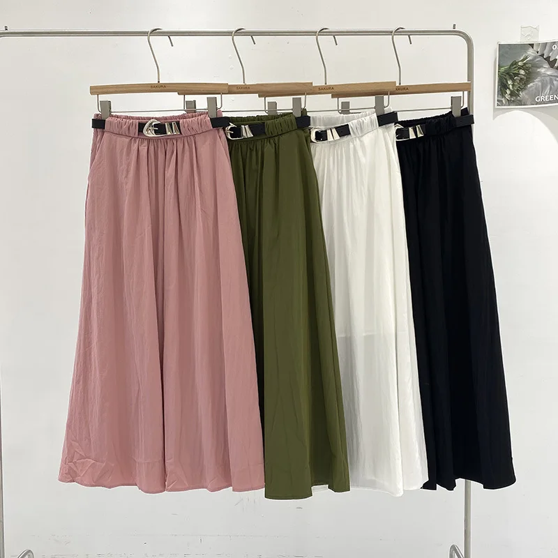 3 Colors Women Metal Buckle Midi Skirt Elastic Waist Simple 2024 Summer Female Pleated Loose Jupe