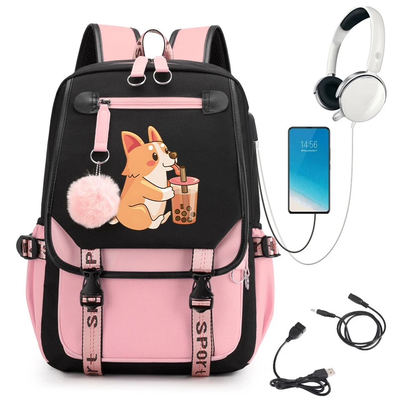 Mochila escolar con carga Usb, bolsa de libros de dibujos animados, Corgi, perro, amor, Burbuja, Boba, té, Anime