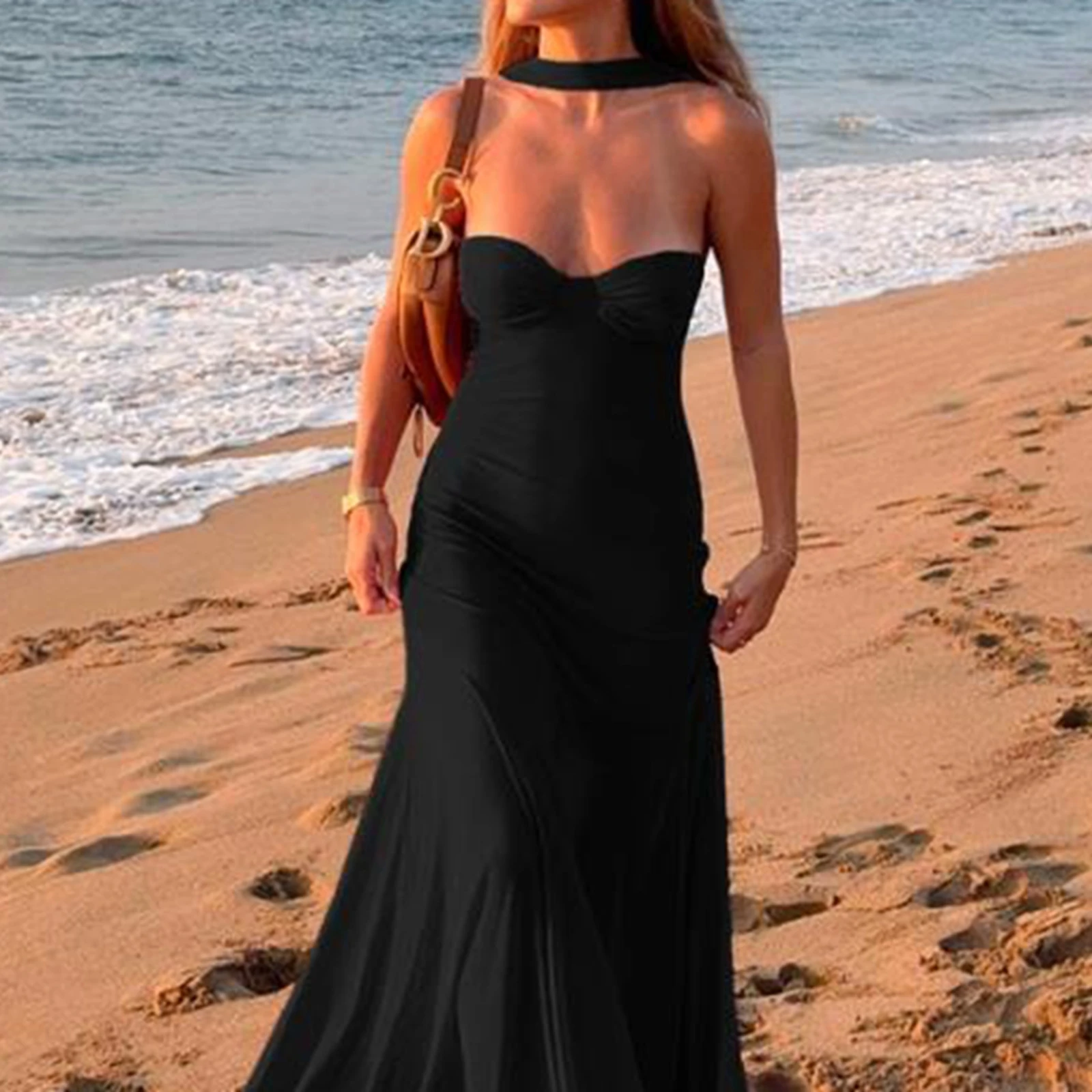 Womens Strapless Dress Sheer Hem Solid Sleeveless Tube Long Dress For Beach Vacation Summer Party Daily Wear Activity Streetwear