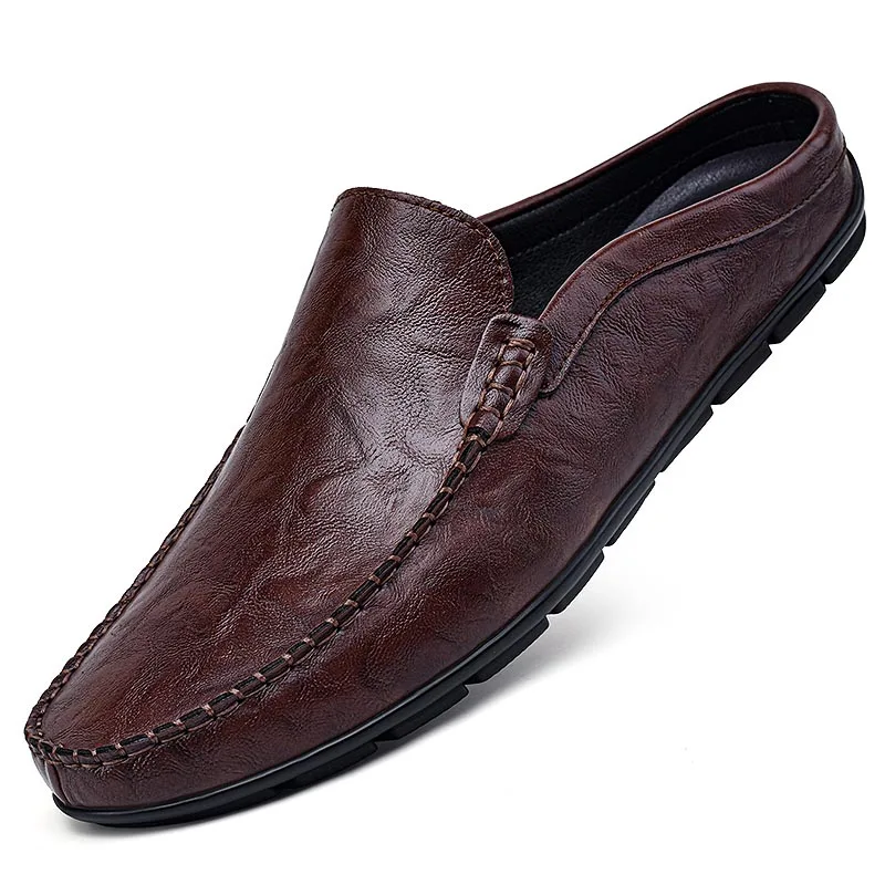 Summer Half Shoes For Men Leather Slippers Slip On Casual Shoes Loafers Flats Black Brown