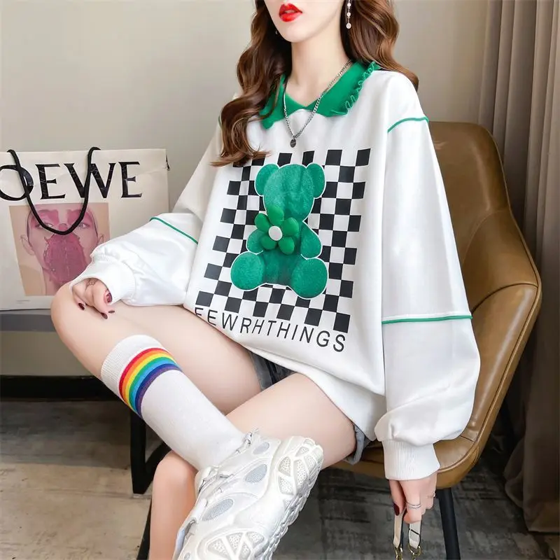 Polo-Neck New Women Clothing Casual Patchwork Long Sleeve Pullovers Femme Trend Printing Loose Pullover Sweatshirts Autumn Tops