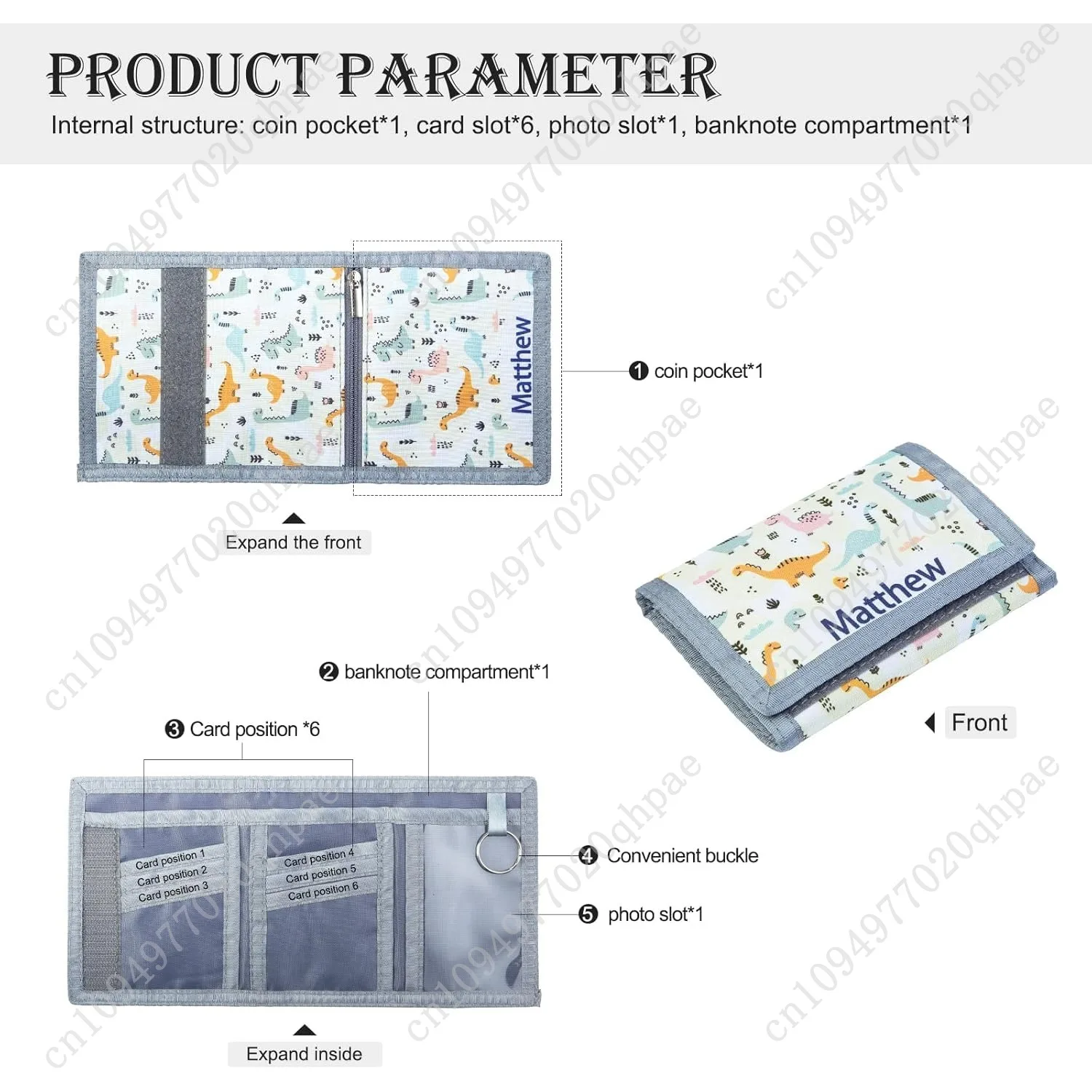 Nobelook Personalized Kids Wallet Custom Engraved Name Trifold Canvas Dinosaur Animal Cartoon Wallet with Zipper for Boys and Gi