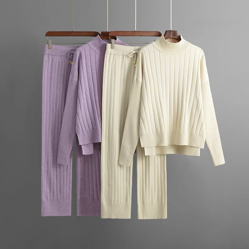 

Women's Clothing 2025 Autumn Winter Ribbed Half Turtleneck Sweater Solid Color Loose Warm Pullover Two-Piece Set