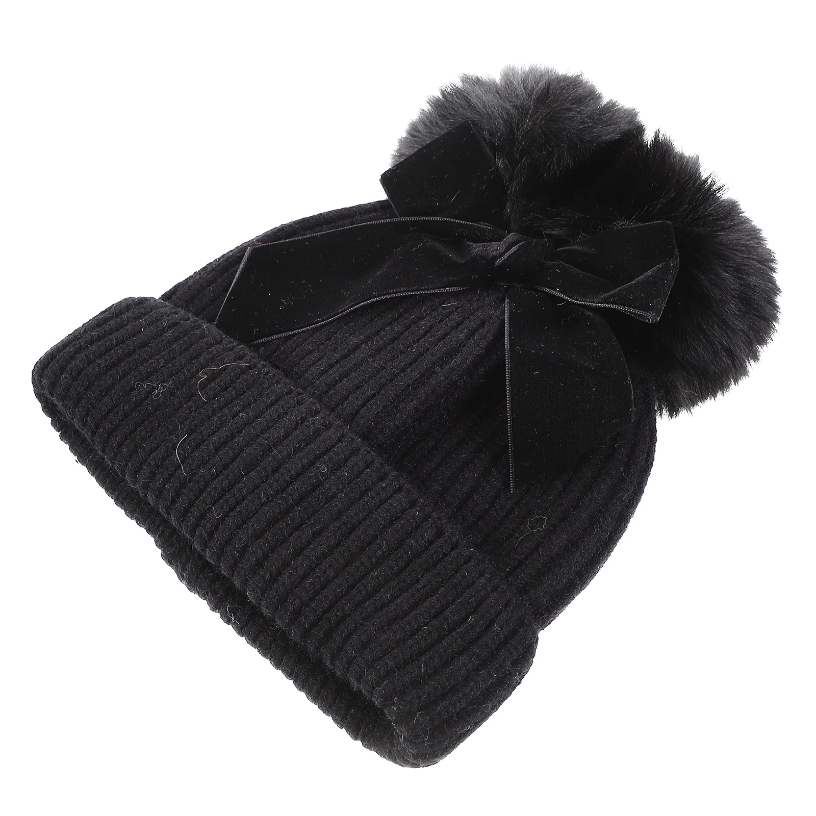 

Children Knitted Hat Warm Yarn Bow Decor Kids Boys Girls Soft Comfortable Elastic Furry Balls Cartoon Style