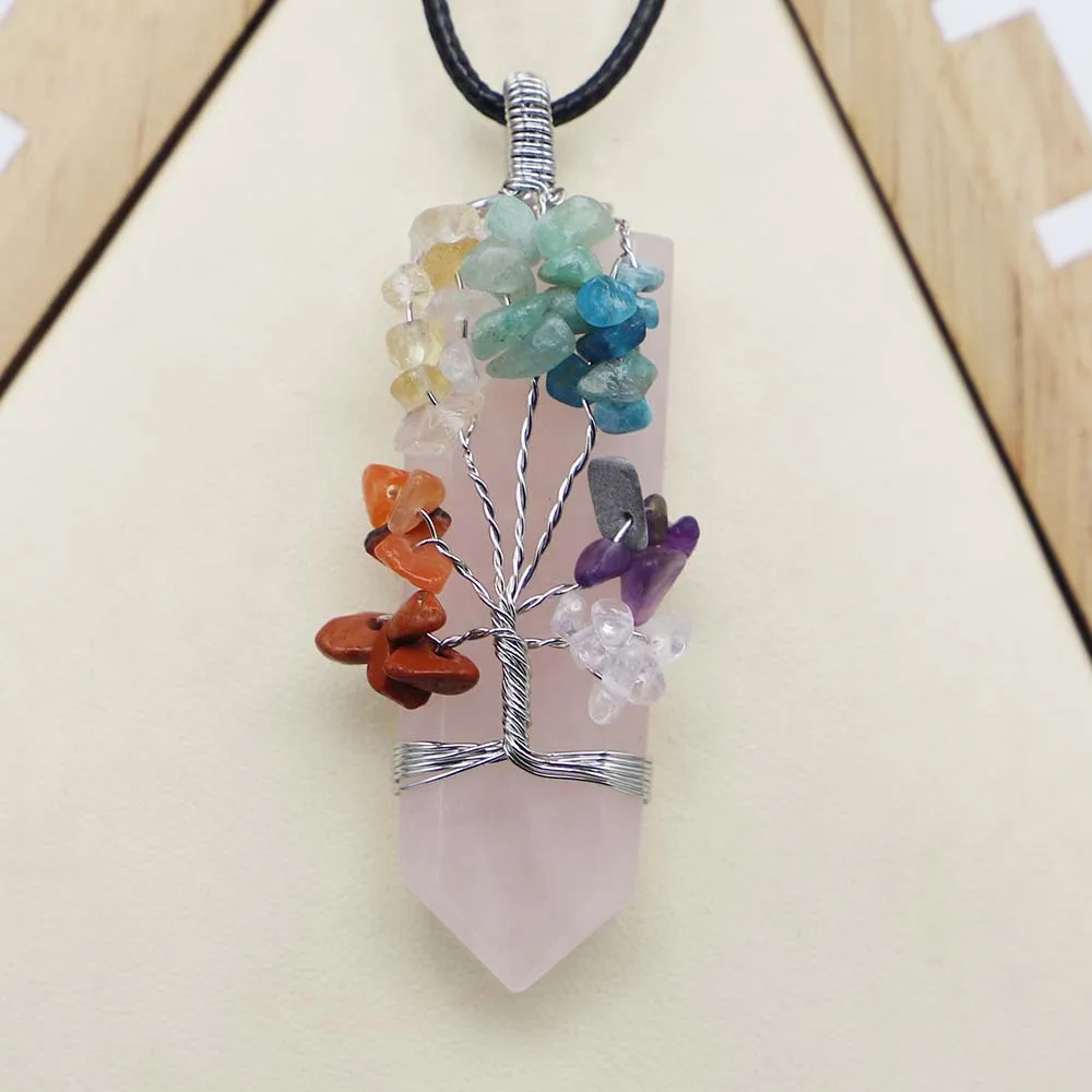 Natural Colorful Life Tree Hand-wound Crystal Post Leather Rope Necklace Creative Sword Shaped Pendant DIY Jewelry Wholesale 2Pc