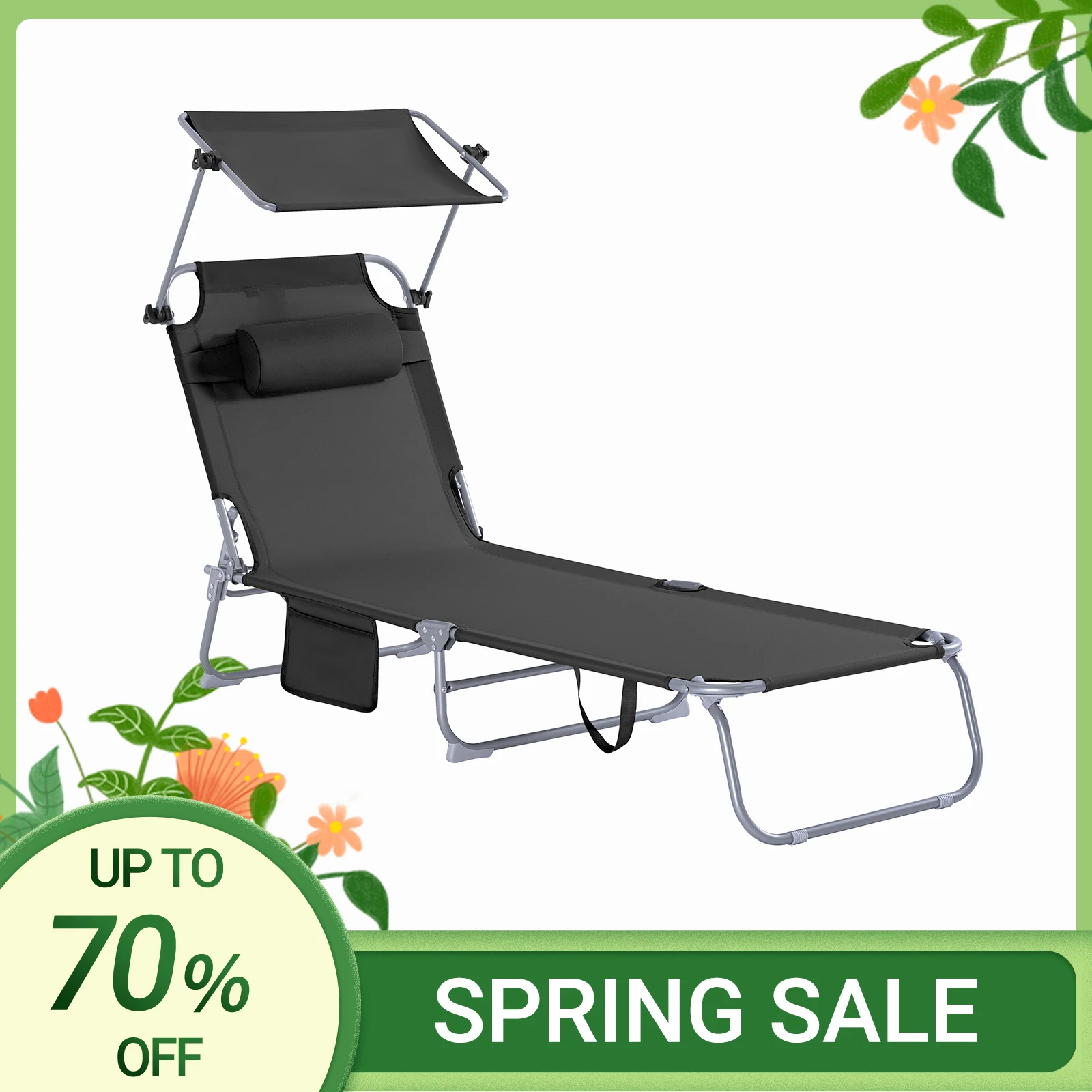 SoBuy OGS48 Transat Jardin Extérieur Pliable Bain de Soleil avec Oreiller Chaise Longue Relax avec Pare-Soleil et Poche Latérale Mobilier de Jardin pour Terrasse Plage Piscine 155x56x81cm