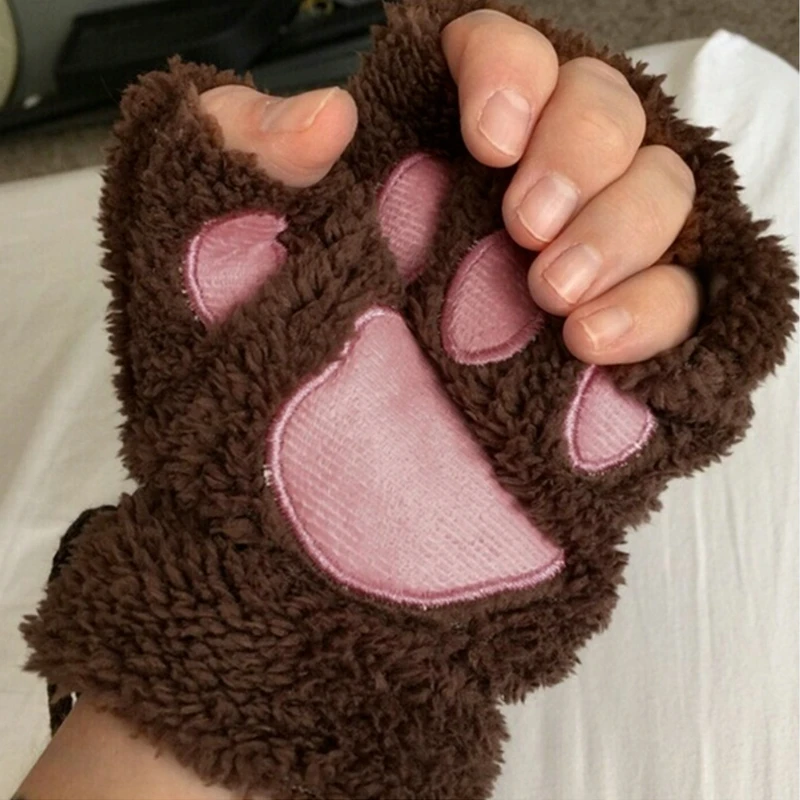 Kawaii Cat Claw Paw Plush Gloves Women Winter Warm Fingerless Gloves Fluffy Bear Cat Mittens Costume Half Finger Mittens Xmas