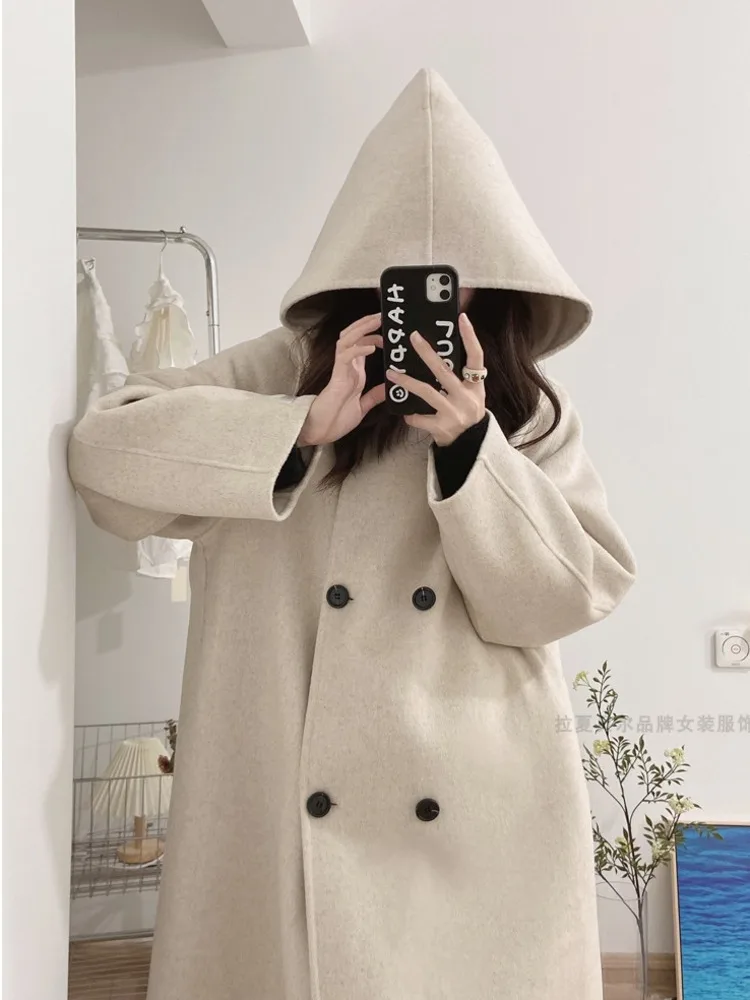 Cashmere Thick Autumn And Winter Coat, Women's Double Breasted Hepburn Style Korean Version Wool Woolen Mid