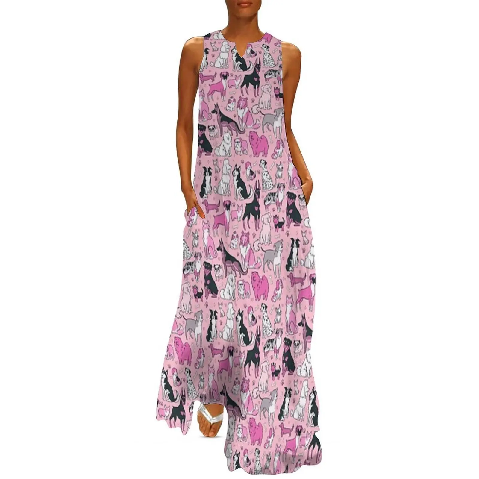 

Dogs, dogs and more dogs - Cute pink 25 dog breeds pattern cartoon illustration for dog lovers - pink version Long Dress