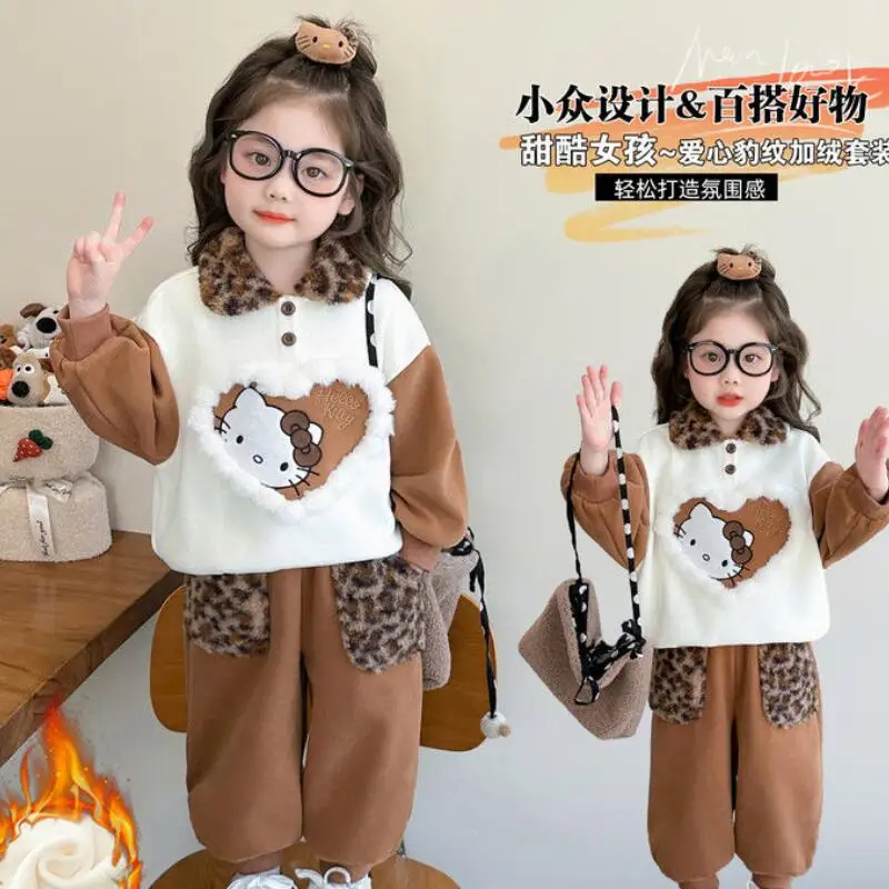 

Hot Sanrio Girl Pullover Hello Kitty Kawaii Anime Winter Student Keep Warm Tops Long Pants Children's Clothing 2-Piece Set New