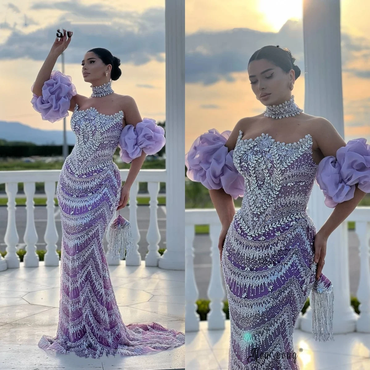 

Gorgeous Evening Dresses For Women Strapless Sleeveless Gown Crystal Sequins Beaded Sweep Train Dress Party Customized Dress