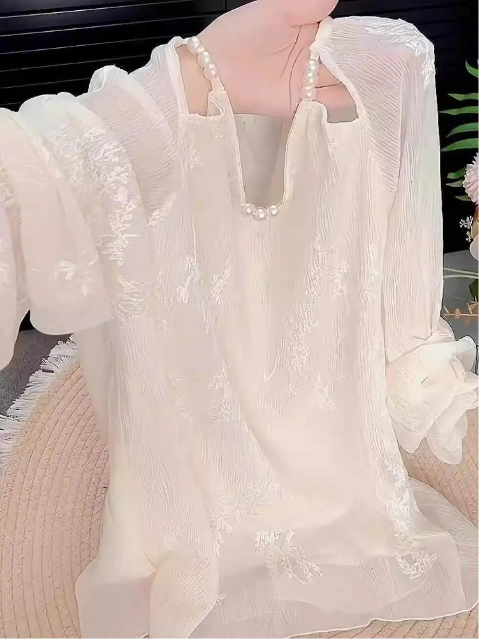 

2026 Spring Fall Women Pearls Beige Black Full Sleeve Dobby Floral Top Shirt , Woman Fashion Slim Jacquard Tops Shirts