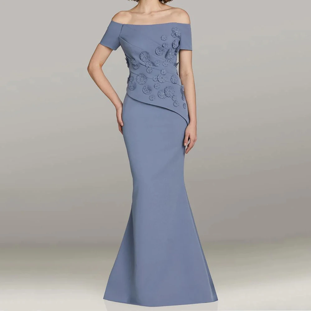

Dusty Blue Off-Shoulder Mermaid Evening Dress 3D Floral Short Sleeve Slim Fit Floor-Length Formal Prom Party Gown for Women
