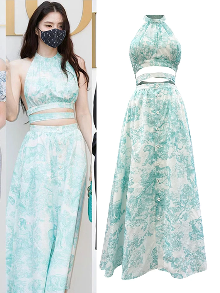 

Neckline Hanging Belted Knee-Length Women's Maxi Skirt A-Line Skirt Long Over-Knee Skirt Sexy Girl Vest Umbrella Skirt