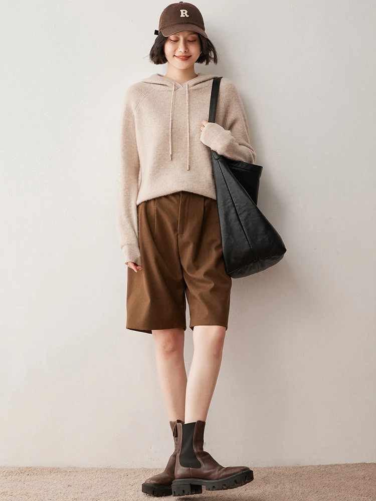 Women Drawstring Hoodie Threaded Sweater 100% Cashmere Pullover Raglan Sleeve Casual Knitwear Autumn Winter Striped Clothing Top