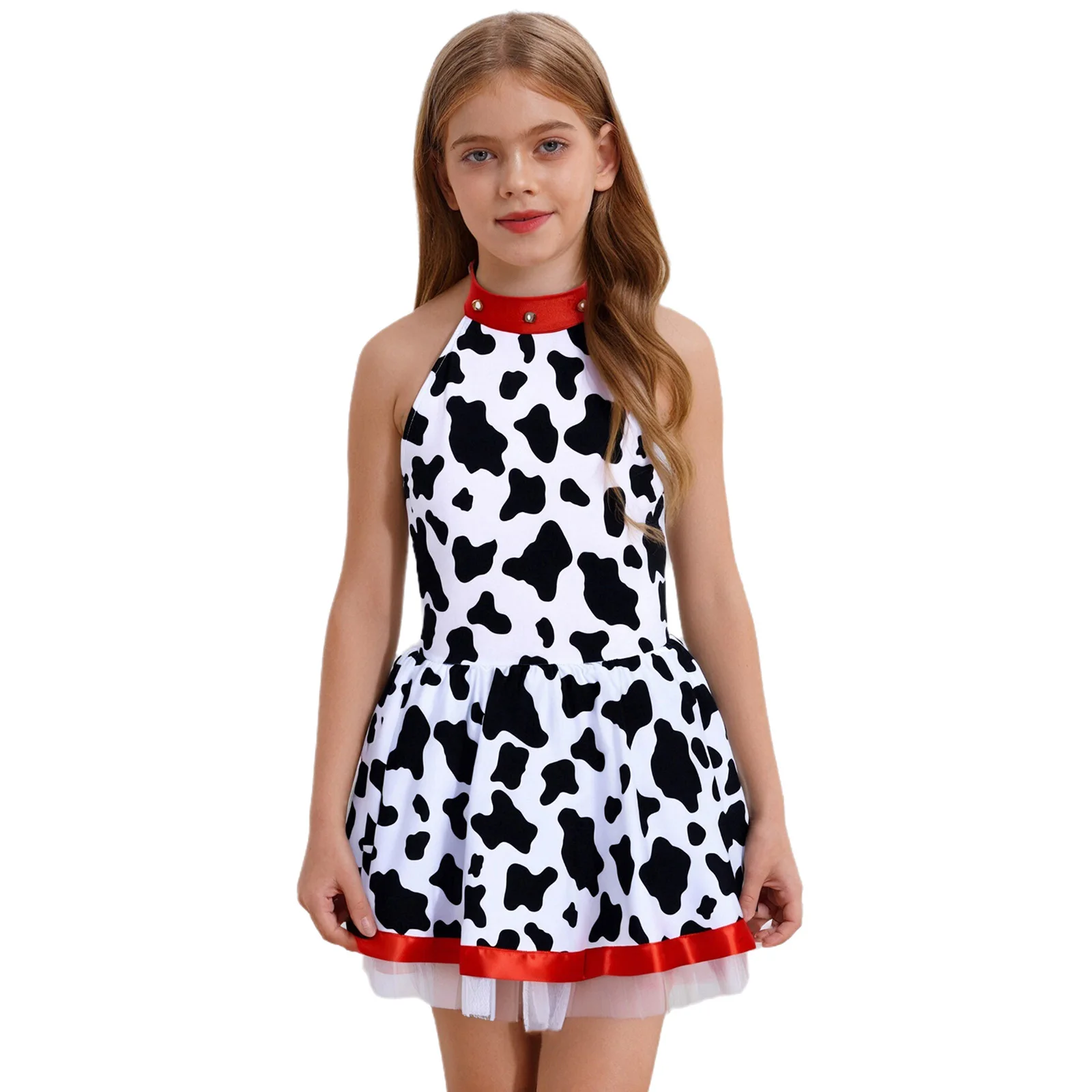 

Girls Halloween Animal Cosplay Costume Mock Neck Bells Sleeveless Cows Print Tutu Dress with Tail Bow Layer Ruffle Skirt Dresses