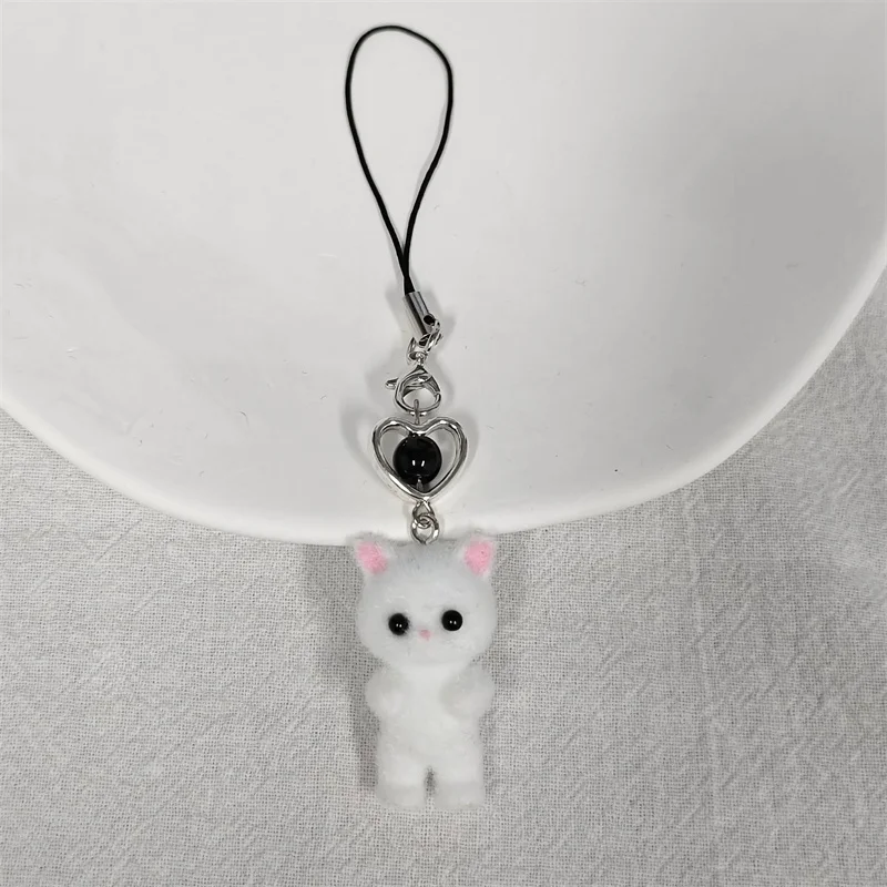 Cute Plush Resin Cat Pendant Keychain For Women Simple Design Mobile Phone Rope Chain Lovely Animal Bag Car Keyring Young Girls