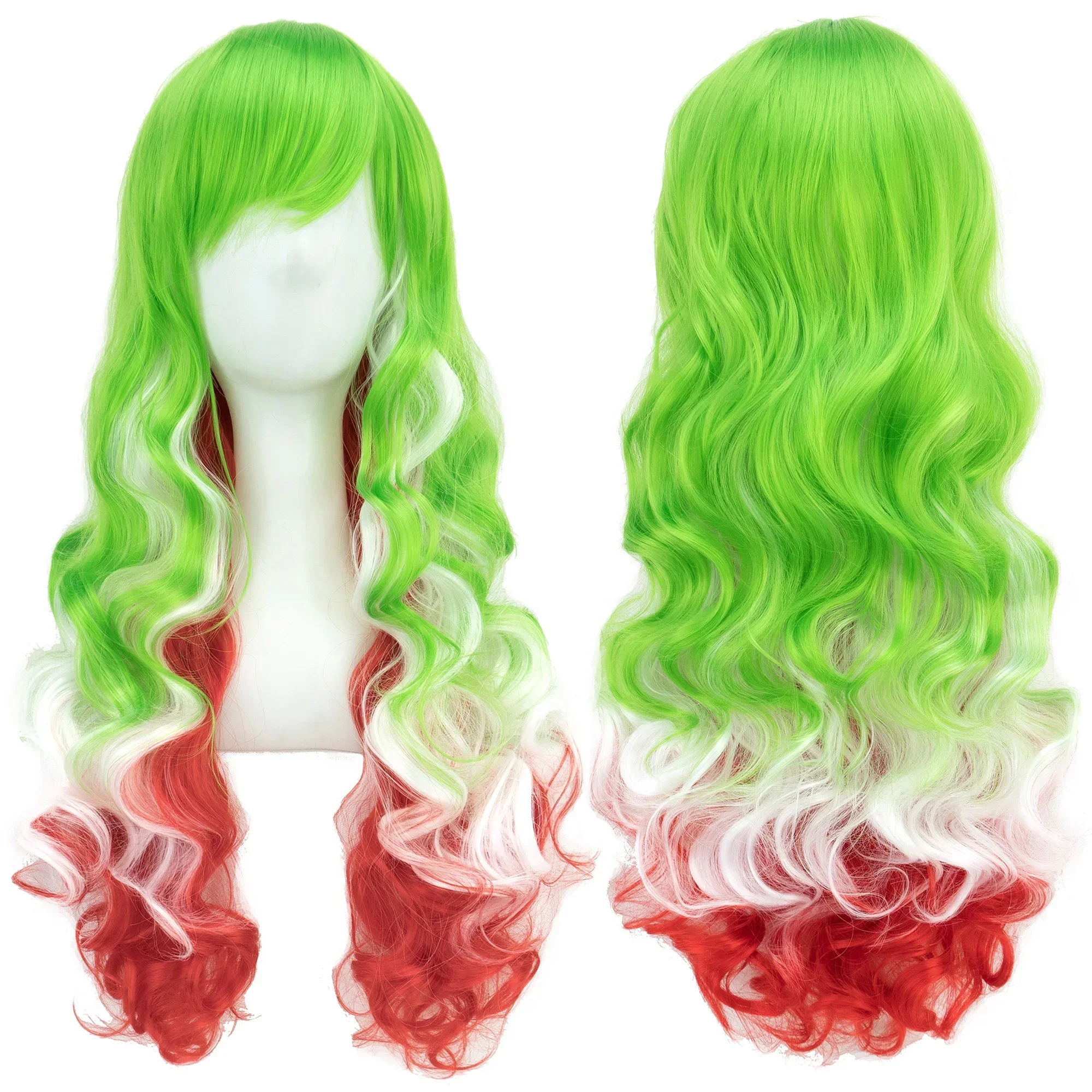 

Green White Red Ombre Wavy Hair Cosplay Wigs with Bangs Halloween Costume Wig for Women