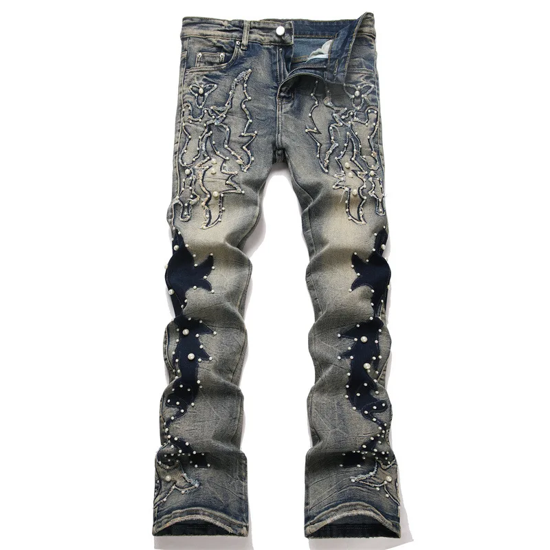 

Men's Punk Style Jeans Pants With Pearls Fashion High Street Slim Fit Stretchy Denim Trousers With Embroidery Streetwear Design
