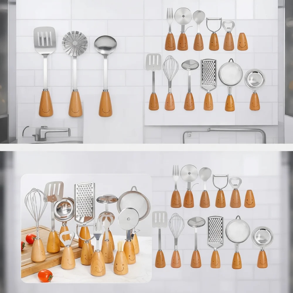 Kitchen Utensil Set Stainless Steel Wooden Handle Smiley Face Cooking Tools Whisk Spoon Spatula Fork Pizza Cutter Kit