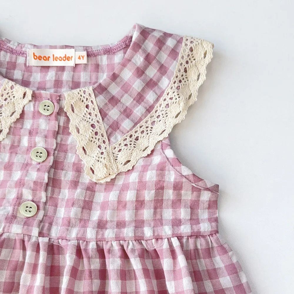 Casual Landschaft Stil Sommer Neue Spitze Revers Ärmelloses Plaid Kleid für Mädchen Süße Kleidung Koreanische Version – Detail 12